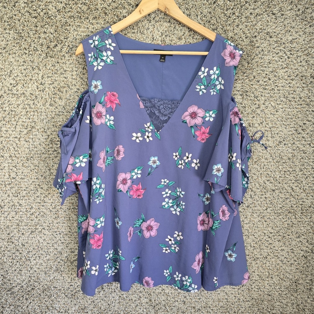 Lane Bryant Top Womens Plus 28 Blue Floral Print Cold Shoulder Blouse Ladies